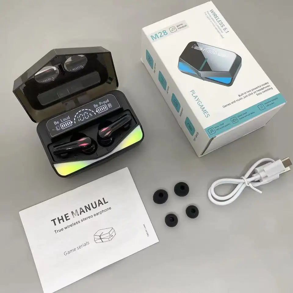 M28 Gaming Wireless Earbuds: RGB Lights, Digital LED Display, HiFi Sound