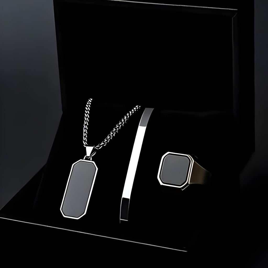 Premium Men's Black Onyx Silver-Tone Jewelry Set: Necklace, Bracelet, Ring