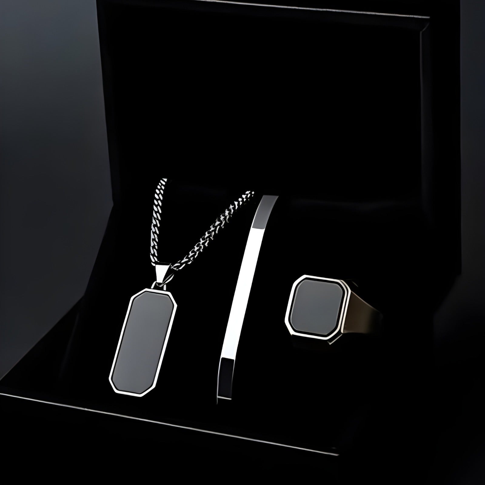 Premium Men's Black Onyx Silver-Tone Jewelry Set: Necklace, Bracelet, Ring